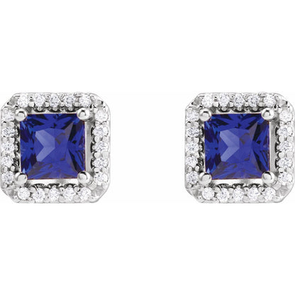 14K White Gold Lab-Grown Blue Sapphire & .08 CTW Natural Diamond Halo-Style Earrings