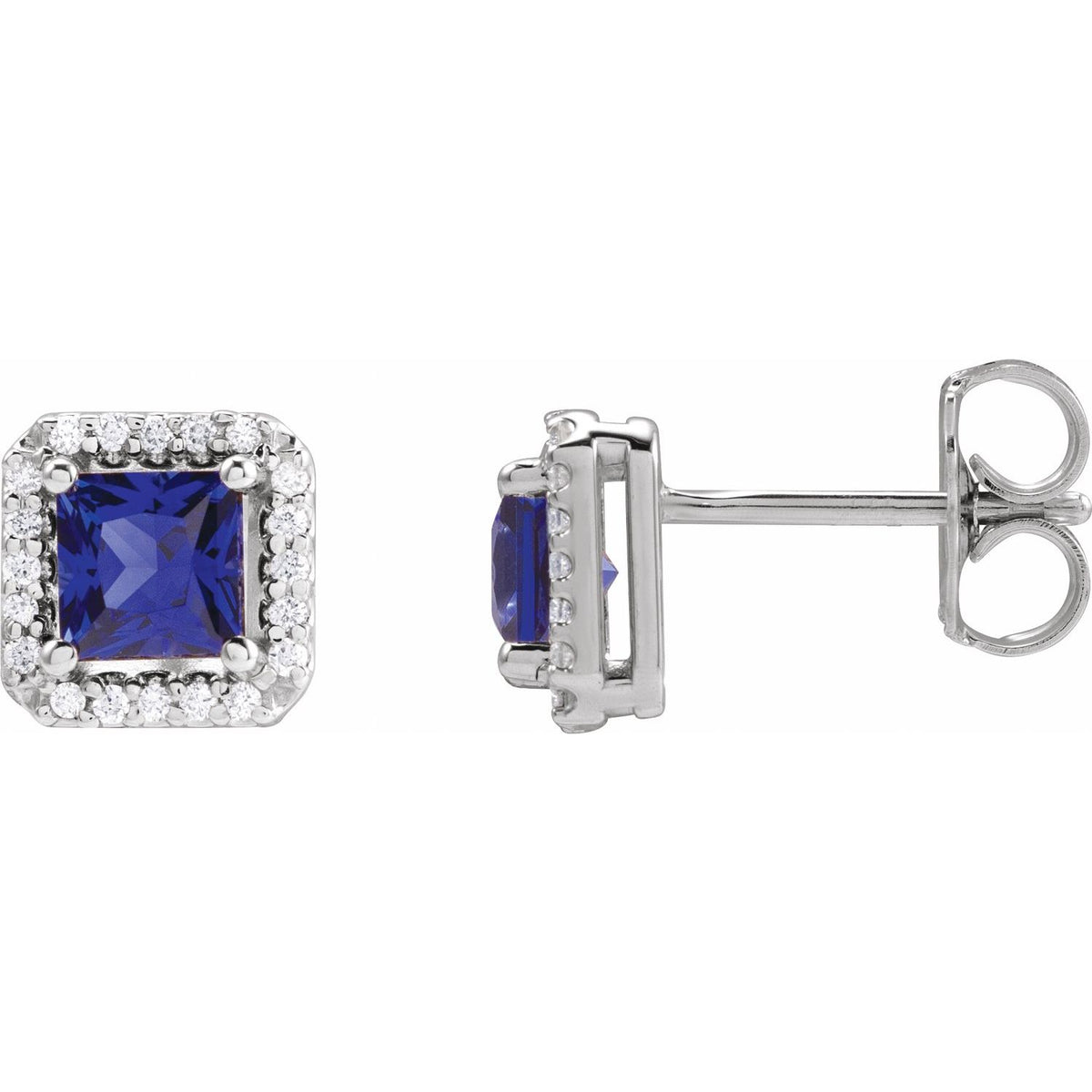 14K White Gold Lab-Grown Blue Sapphire & .08 CTW Natural Diamond Halo-Style Earrings