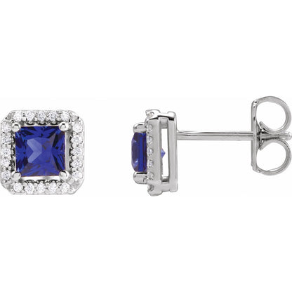 14K White Gold Lab-Grown Blue Sapphire & .08 CTW Natural Diamond Halo-Style Earrings