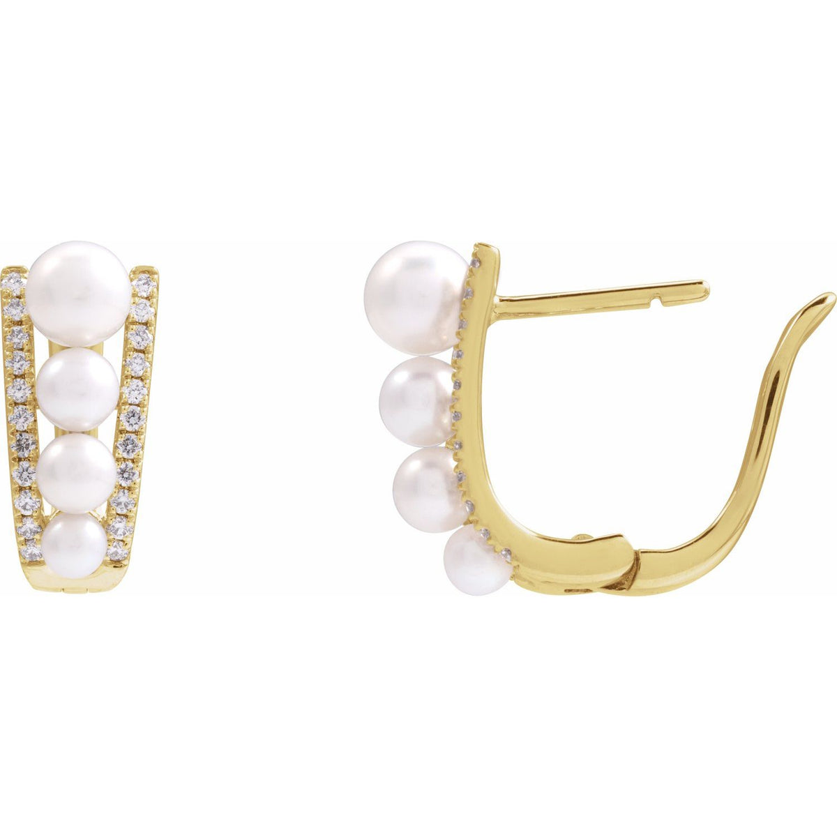 14K Yellow Gold Cultured White Freshwater Pearl & 1/4 CTW Natural Diamond Hoop Earrings