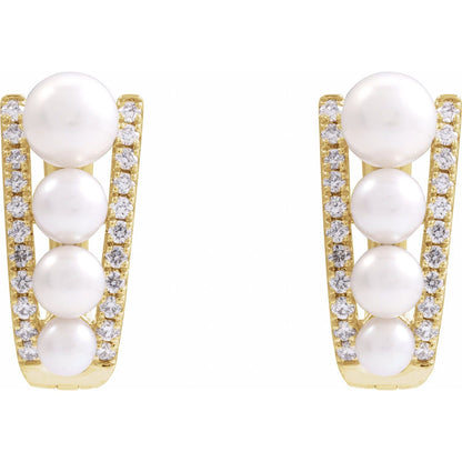 14K Yellow Gold Cultured White Freshwater Pearl & 1/4 CTW Natural Diamond Hoop Earrings