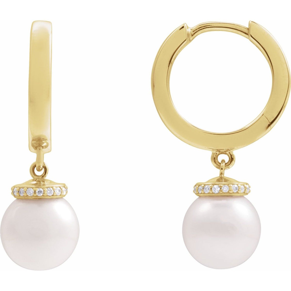 14K Yellow Gold Cultured White Akoya Pearl & .07 CTW Natural Diamond Hinged Hoop Earrings
