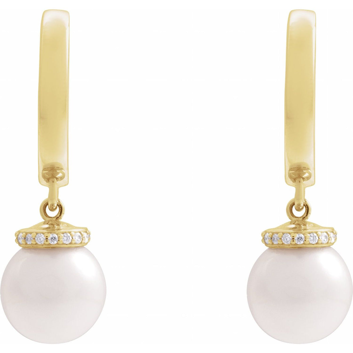 14K Yellow Gold Cultured White Akoya Pearl & .07 CTW Natural Diamond Hinged Hoop Earrings