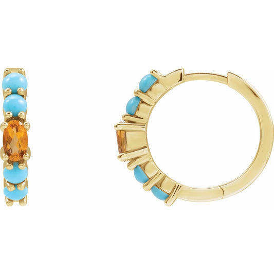 14K Yellow Gold Natural Citrine & Natural Turqouise Hoop Earrings