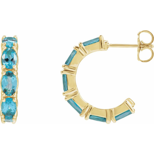 14K Yellow Gold Natural Blue Zircon Hoop Earrings