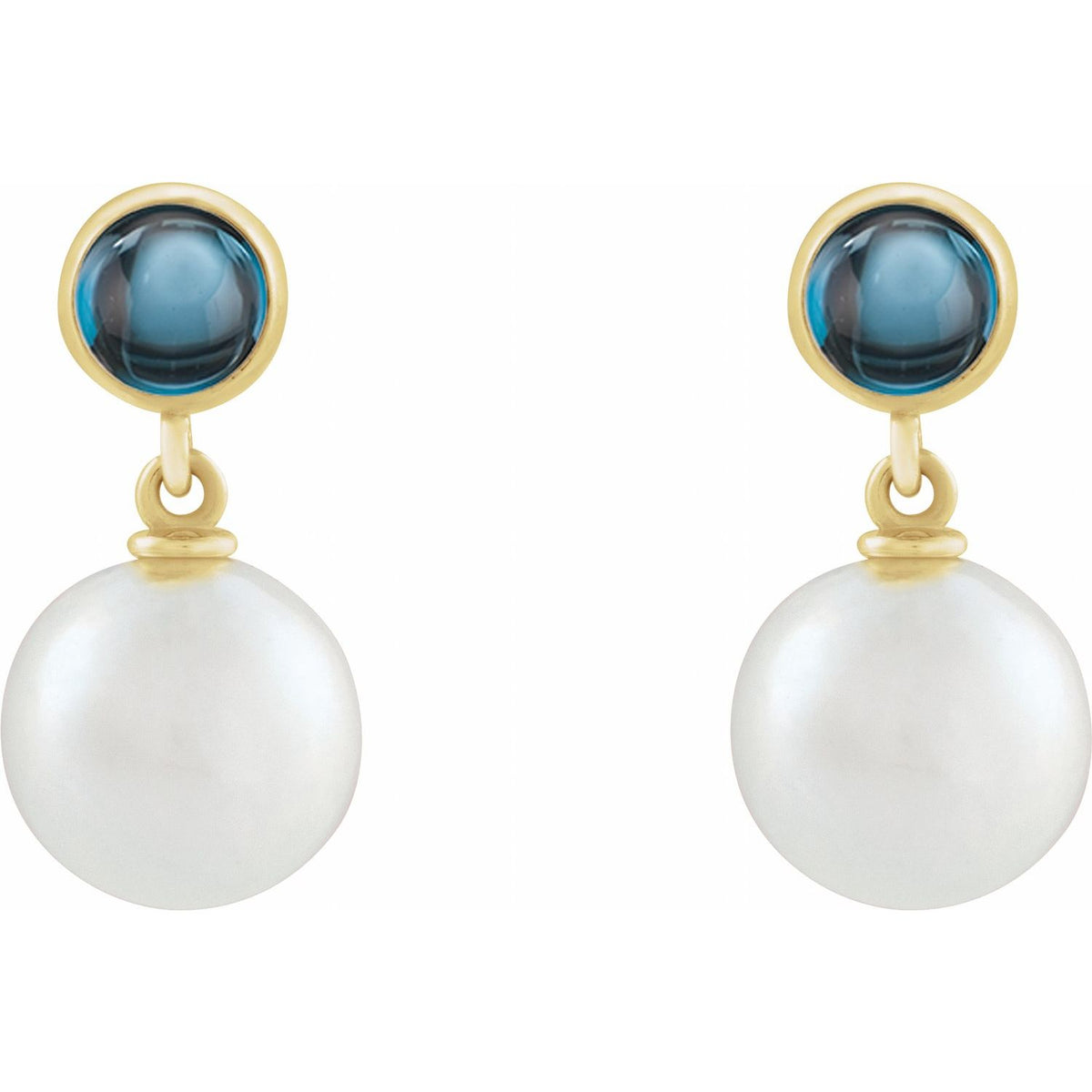 14K Yellow Gold Cultured White Freshwater Pearl & Natural London Blue Topaz Cabochon Earrings