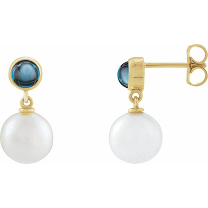 14K Yellow Gold Cultured White Freshwater Pearl & Natural London Blue Topaz Cabochon Earrings