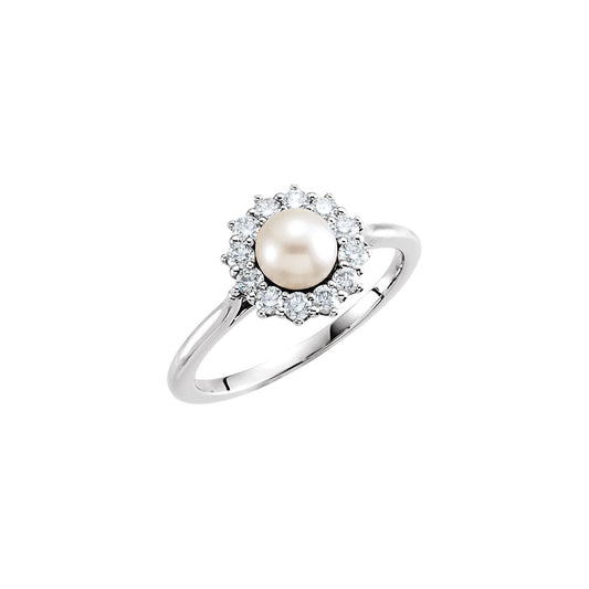 Sterling Silver Cultured White Freshwater Pearl & 3/8 CTW Natural Diamond Ring