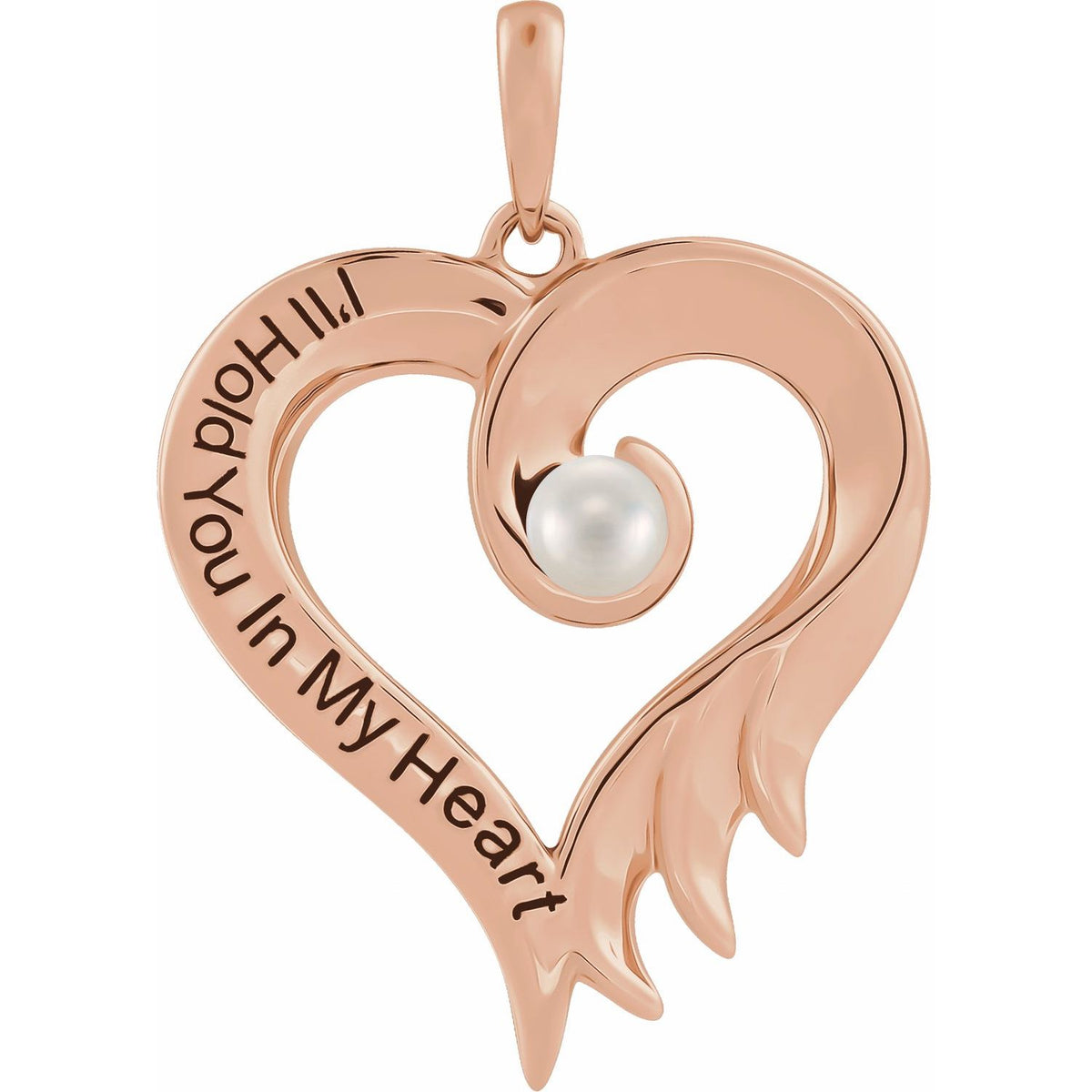 14K Rose Gold Cultured White Freshwater Pearl & Engraved I'll Hold You In My Heart Pendant