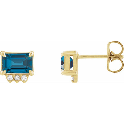 14K Yellow Gold Natural London Blue Topaz & .04 CTW Natural Diamond Stud Earrings