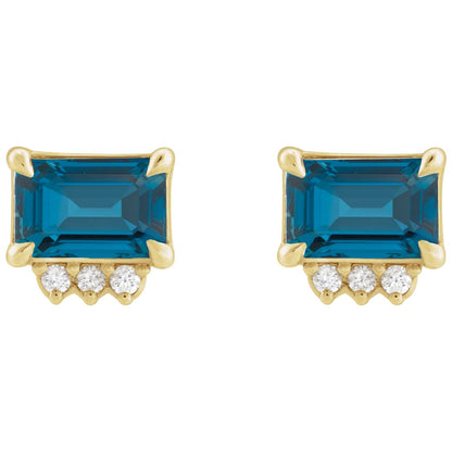 14K Yellow Gold Natural London Blue Topaz & .04 CTW Natural Diamond Stud Earrings