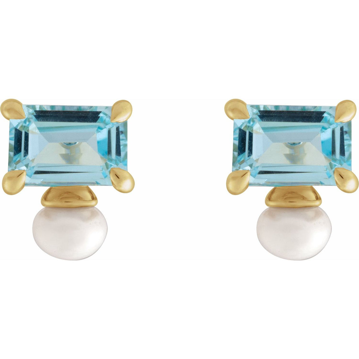 14K Yellow Gold Natural Sky Blue Topaz & Cultured White Freshwater Pearl Earrings