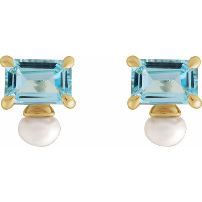 14K Yellow Gold Natural Sky Blue Topaz & Cultured White Freshwater Pearl Earrings