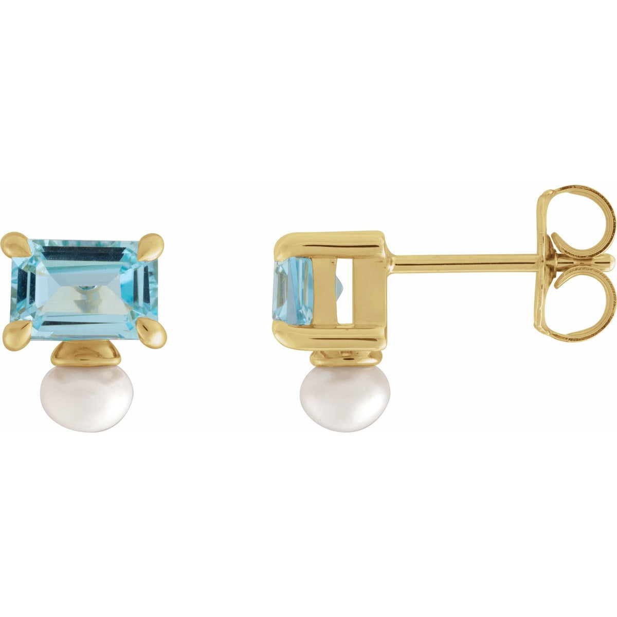 14K Yellow Gold Natural Sky Blue Topaz & Cultured White Freshwater Pearl Earrings