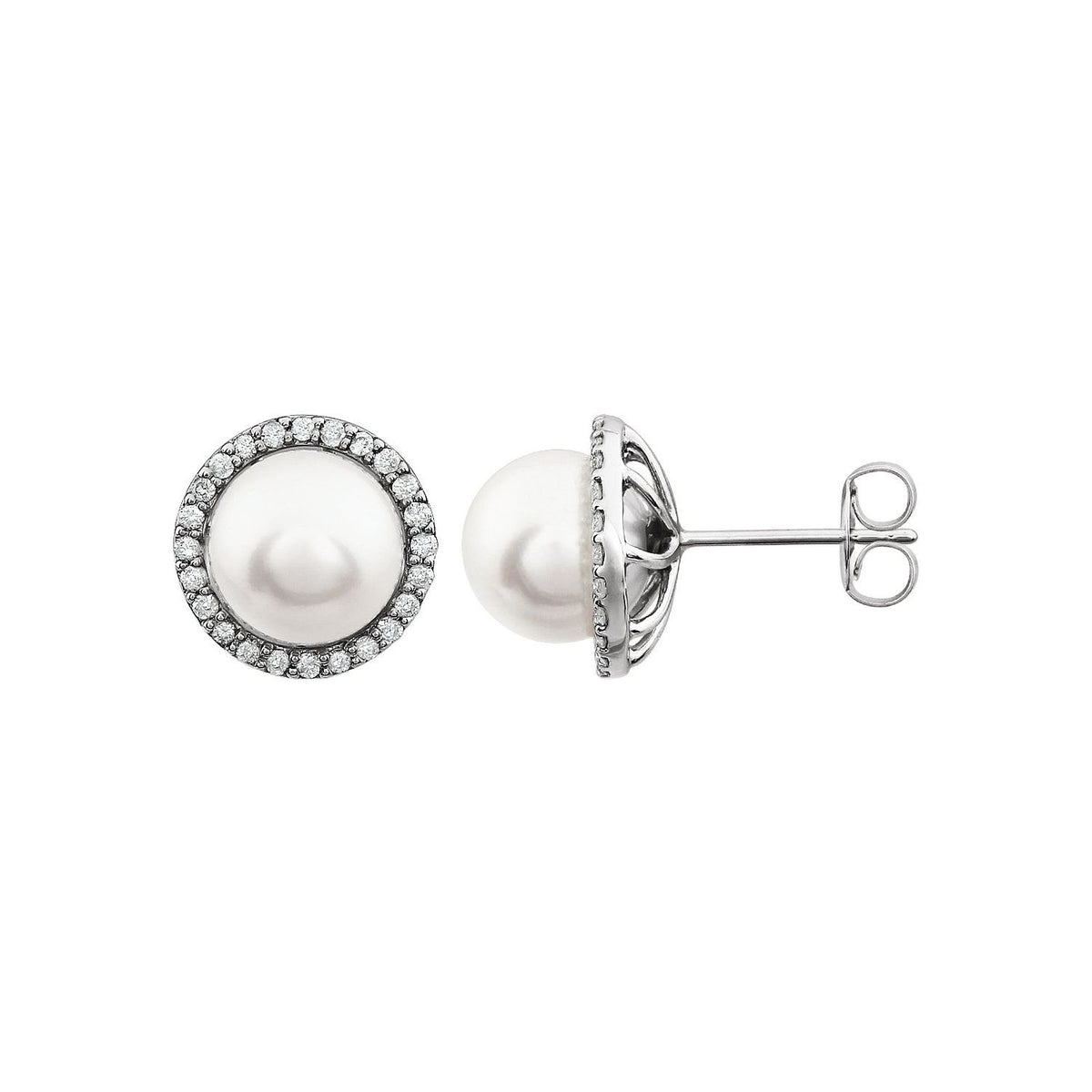 14K White Gold Cultured White Freshwater Pearl & 1/4 CTW Natural Diamond Earrings, 11.5 mm x 11.5 mm