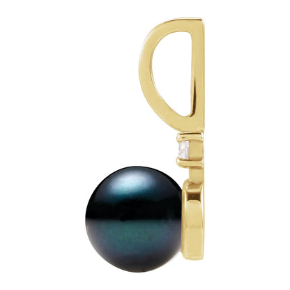 14K Yellow Gold Cultured Black Akoya Pearl & .03 CT Natural Diamond Charm/Pendant