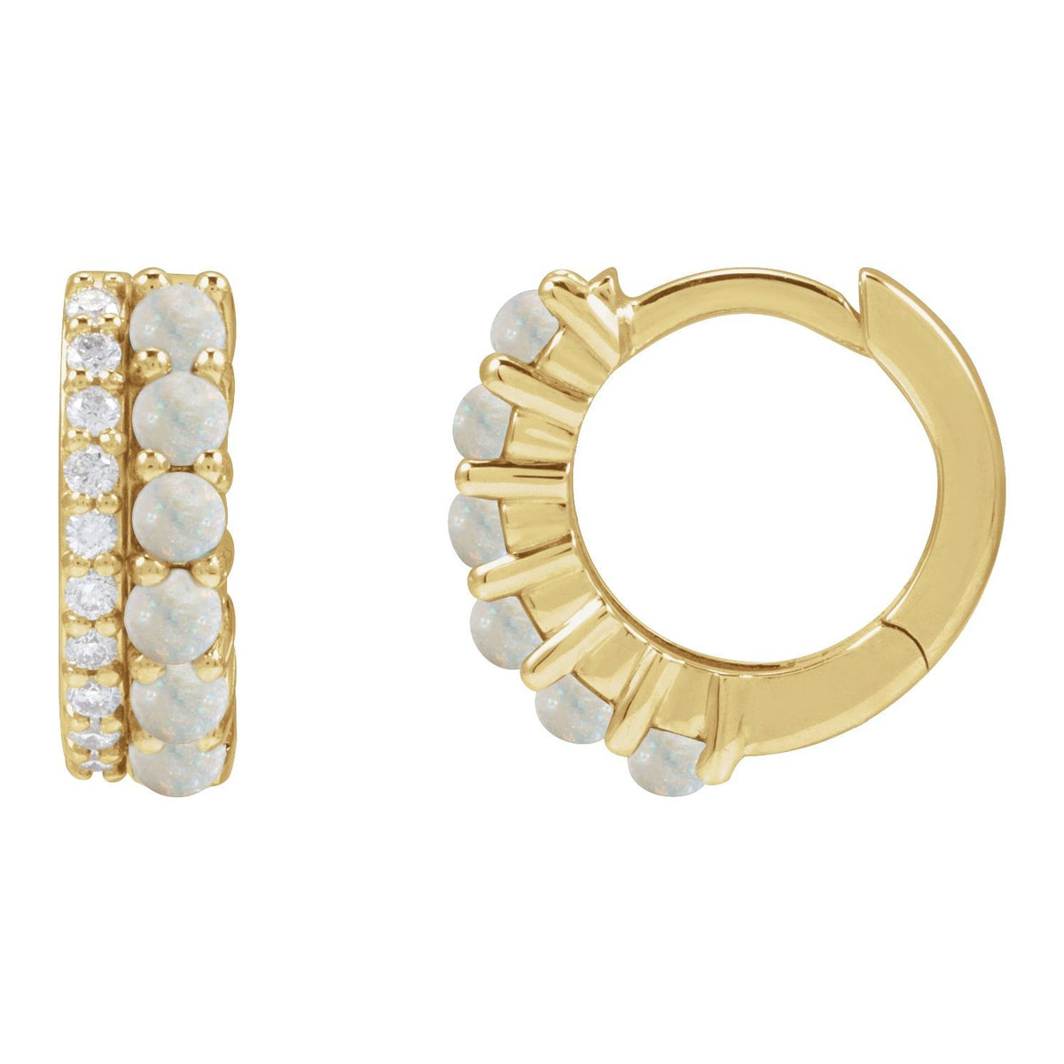 14K Yellow Gold Natural White Opal & 1/8 CTW Natural Diamond Huggie Hoop Earrings