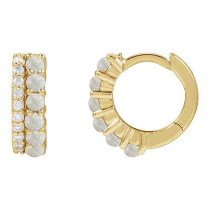 14K Yellow Gold Natural White Opal & 1/8 CTW Natural Diamond Huggie Hoop Earrings