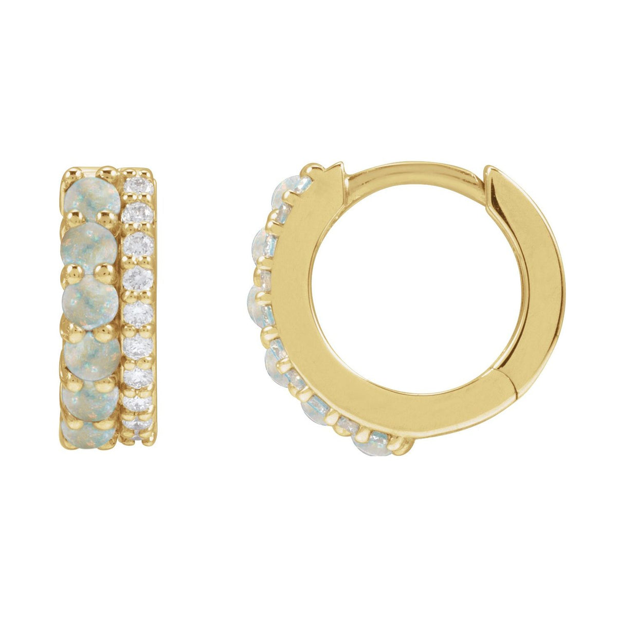 14K Yellow Gold Natural White Opal & 1/8 CTW Natural Diamond Huggie Hoop Earrings