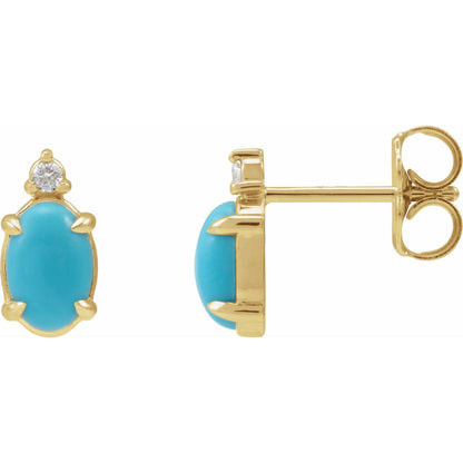 14K Yellow Gold 8x6 mm Natural Turquoise Cabochon & .03 CTW Natural Diamond Earrings