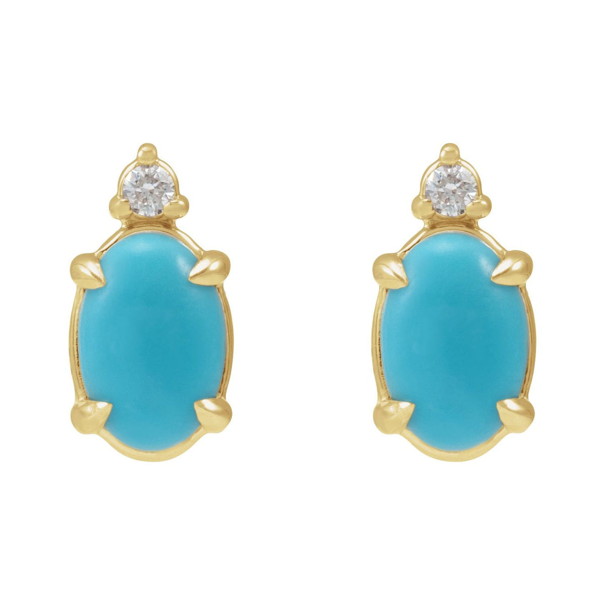 14K Yellow Gold 8x6 mm Natural Turquoise Cabochon & .03 CTW Natural Diamond Earrings