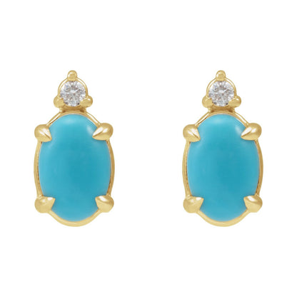 14K Yellow Gold 8x6 mm Natural Turquoise Cabochon & .03 CTW Natural Diamond Earrings