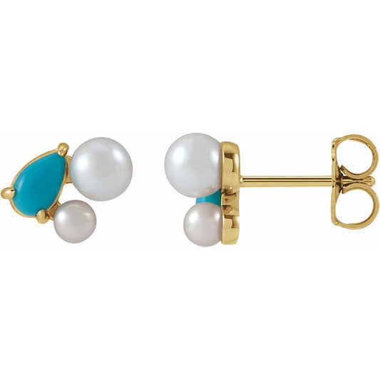 14K Yellow Gold Natural Turquoise & Cultured White Akoya Pearl Earrings