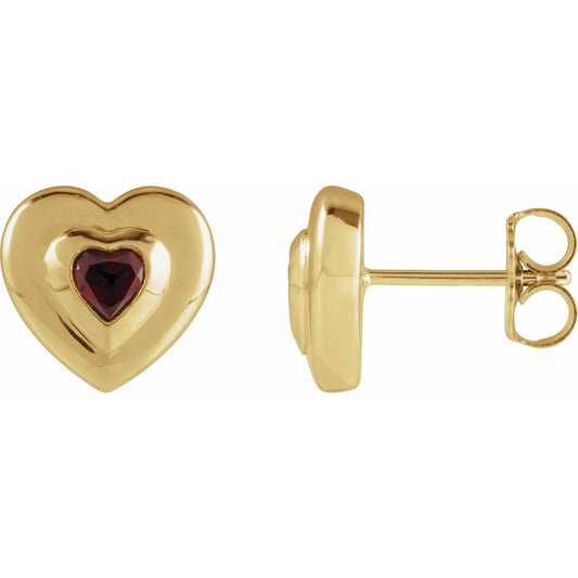 14K Yellow Gold Heart Natural Mozambique Garnet Stud Earrings