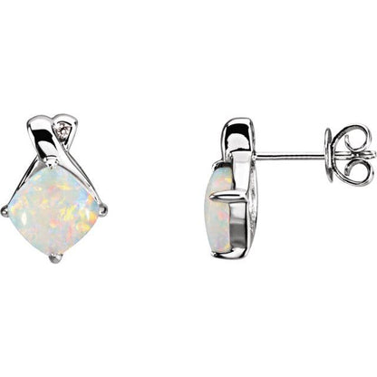 14K White Gold Natural White Opal & .01 CTW Natural Diamond Right Earring