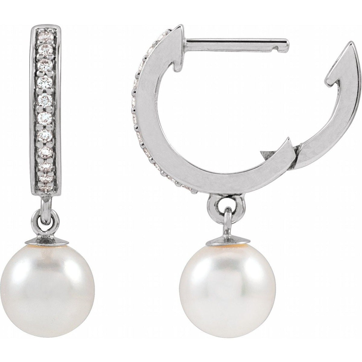 14K White Gold Cultured White Freshwater Pearl & 1/10 CTW Natural Diamond Hoop Earrings