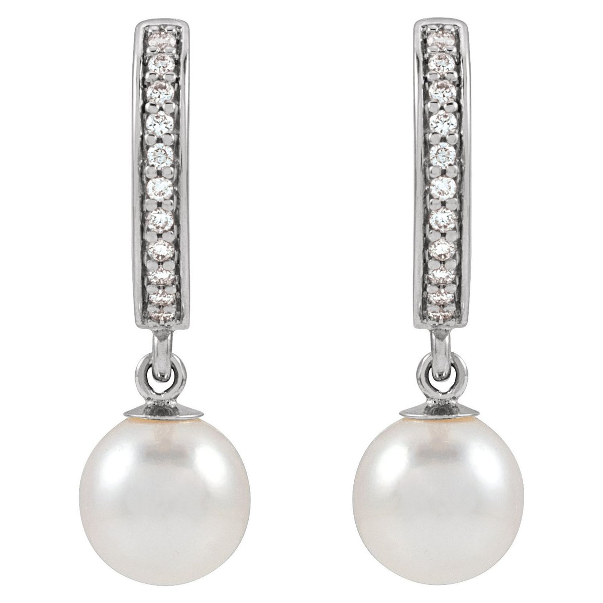 14K White Gold Cultured White Freshwater Pearl & 1/10 CTW Natural Diamond Hoop Earrings