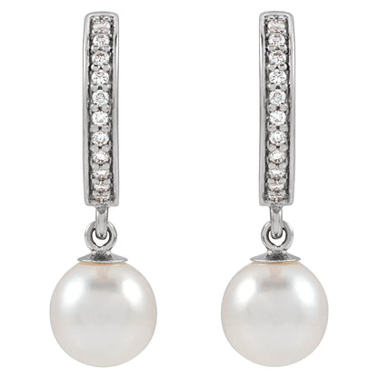 14K White Gold Cultured White Freshwater Pearl & 1/10 CTW Natural Diamond Hoop Earrings