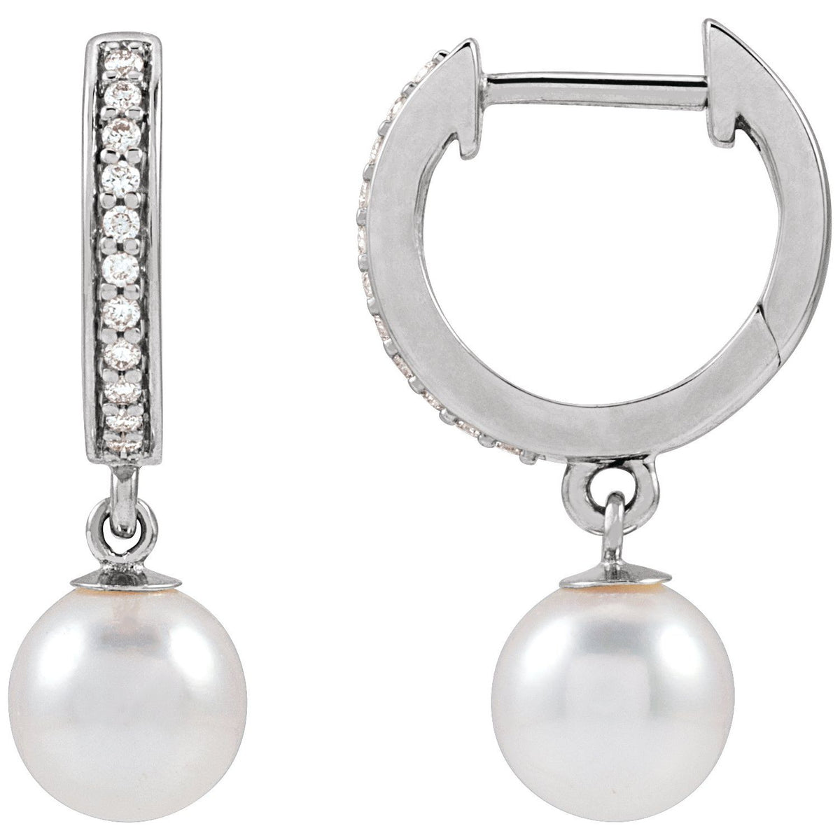 14K White Gold Cultured White Freshwater Pearl & 1/10 CTW Natural Diamond Hoop Earrings