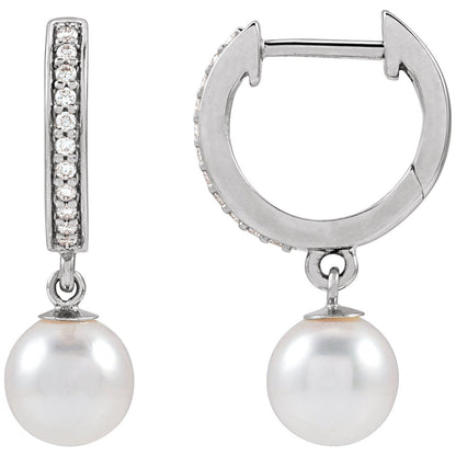 14K White Gold Cultured White Freshwater Pearl & 1/10 CTW Natural Diamond Hoop Earrings
