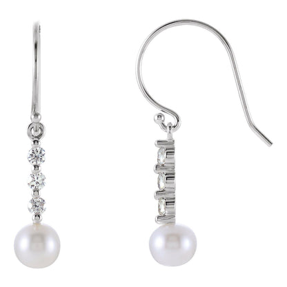 14K White Gold Cultured White Freshwater Pearl & 1/4 CTW Natural Diamond Earrings, 6 mm x 22.5 mm