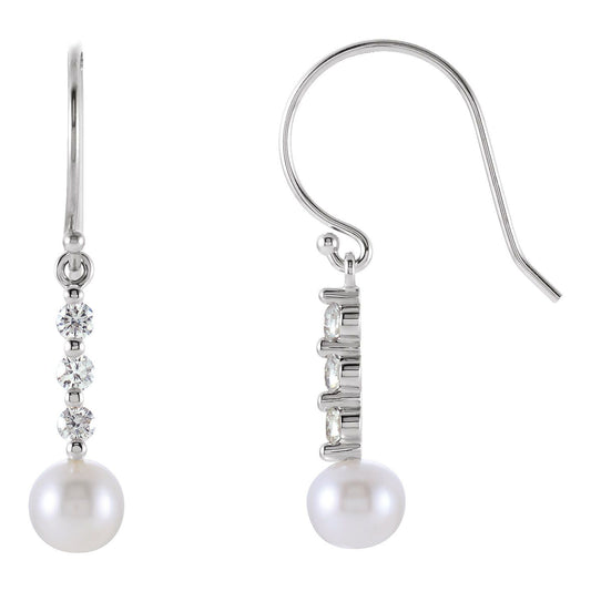 14K White Gold Cultured White Freshwater Pearl & 1/4 CTW Natural Diamond Earrings, 6 mm x 22.5 mm