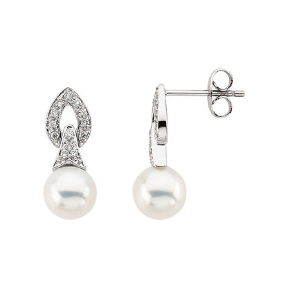 14K White Gold Cultured White Freshwater Pearl & 1/6 CTW Natural Diamond Earrings, 7.5 mm x 18.3 mm