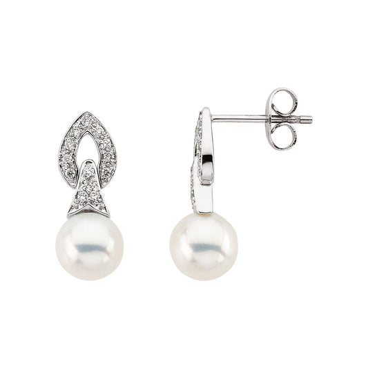14K White Gold Cultured White Freshwater Pearl & 1/6 CTW Natural Diamond Earrings, 7.5 mm x 18.3 mm