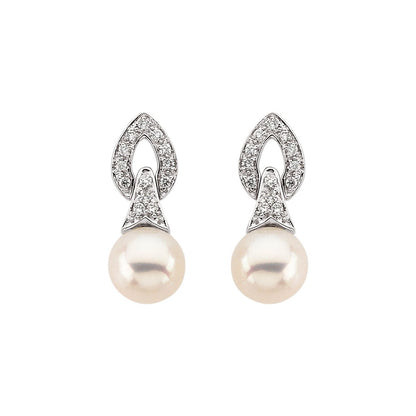14K White Gold Cultured White Freshwater Pearl & 1/6 CTW Natural Diamond Earrings, 7.5 mm x 18.3 mm