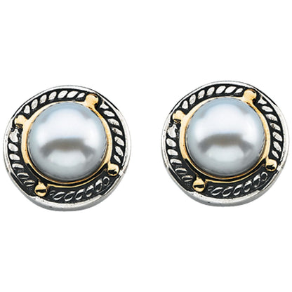 Sterling Silver & 14K Yellow Gold Cultured White Freshwater Pearl Earrings