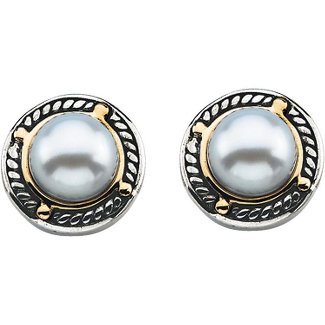 Sterling Silver & 14K Yellow Gold Cultured White Freshwater Pearl Earrings