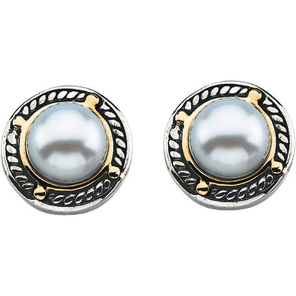 Sterling Silver & 14K Yellow Gold Cultured White Freshwater Pearl Earrings