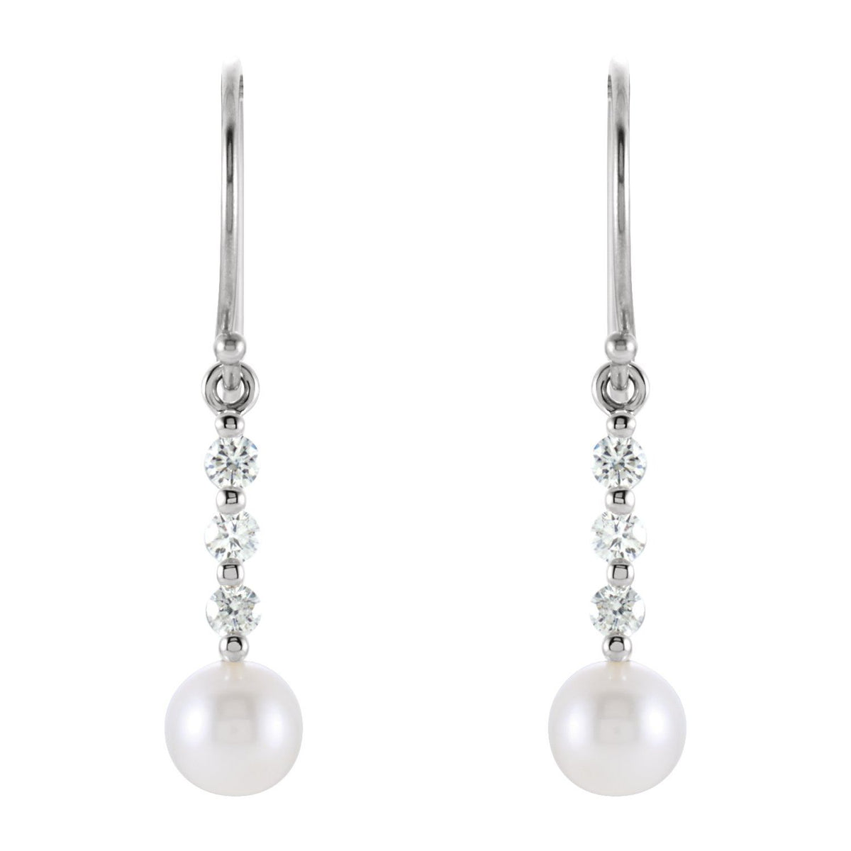 14K White Gold Cultured White Freshwater Pearl & 1/4 CTW Natural Diamond Earrings, 6 mm x 22.5 mm