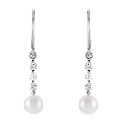 14K White Gold Cultured White Freshwater Pearl & 1/4 CTW Natural Diamond Earrings, 6 mm x 22.5 mm