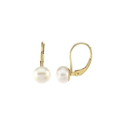 14K Yellow Gold Cultured White Freshwater Pearl Lever Back Earrings