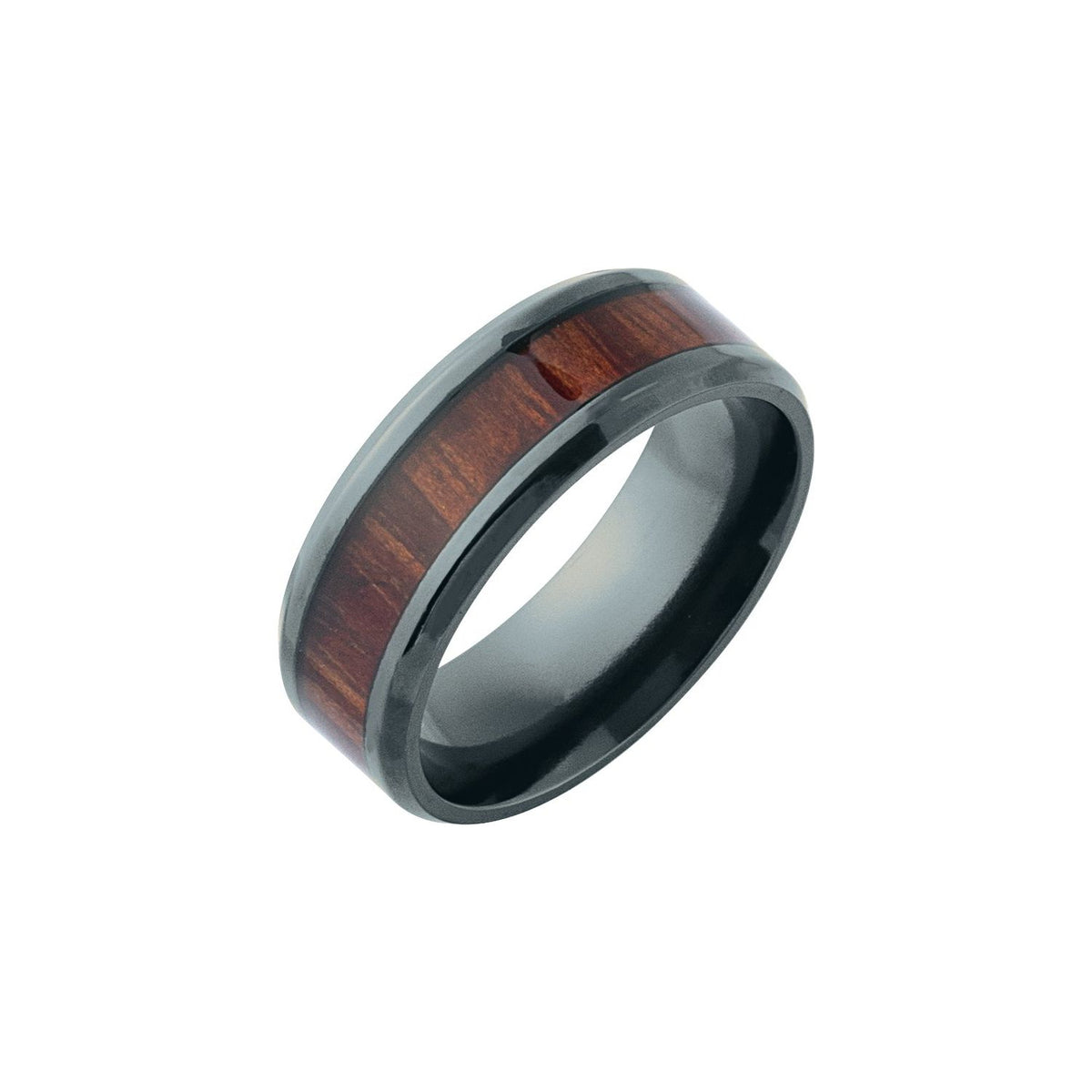 Black Titanium Beveled-Edge Golden Pineapple Wood Inlay Comfort-Fit Band