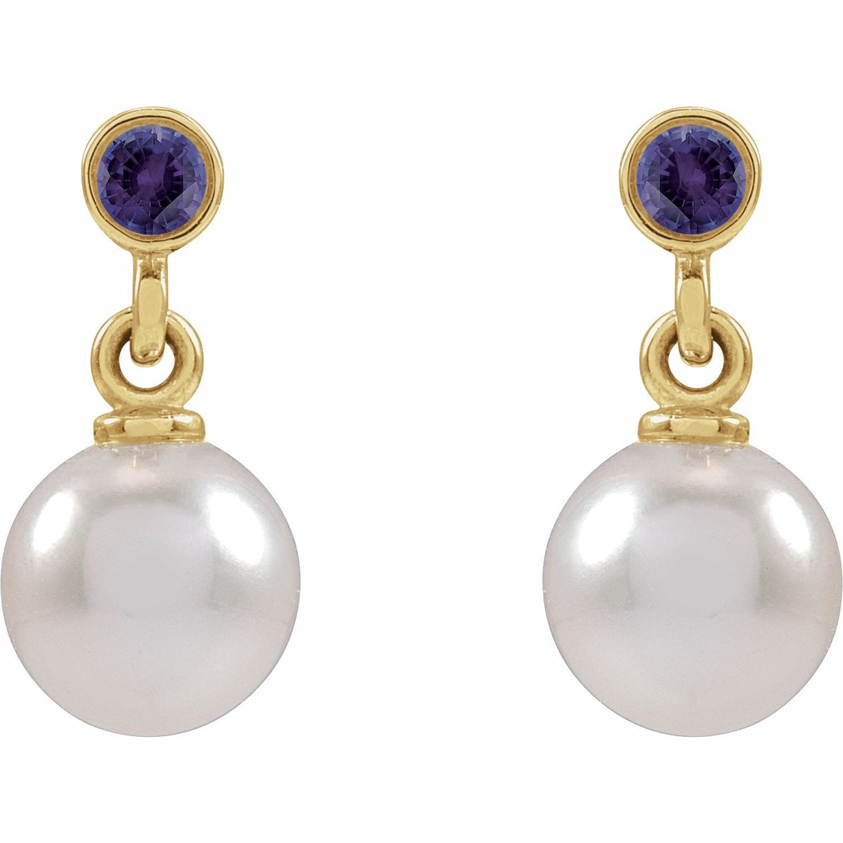14K Yellow Gold Cultured White Akoya Pearl & Lab-Grown Purple Sapphire Earrings