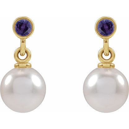 14K Yellow Gold Cultured White Akoya Pearl & Lab-Grown Purple Sapphire Earrings