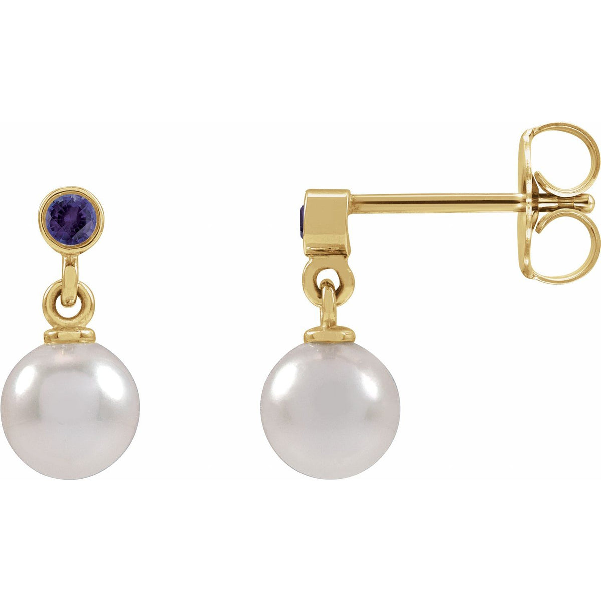 14K Yellow Gold Cultured White Akoya Pearl & Lab-Grown Purple Sapphire Earrings