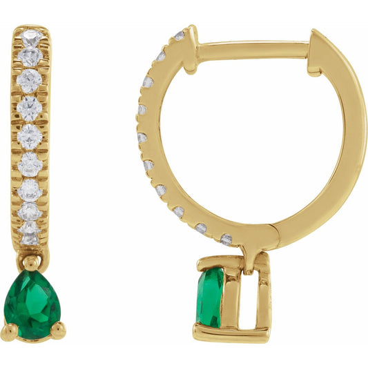 14K Yellow Gold Lab-Grown Emerald & 1/5 CTW Natural Diamond Hoop Earrings
